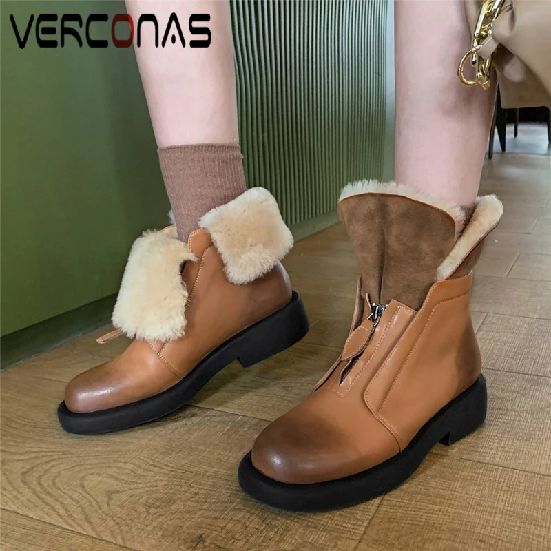 

VERCONAS Winter Warm Ankle Boots For Women Retro Casual Genuine Leather Low Heels Shoes Woman New Front Zipper Fur Snow Boots