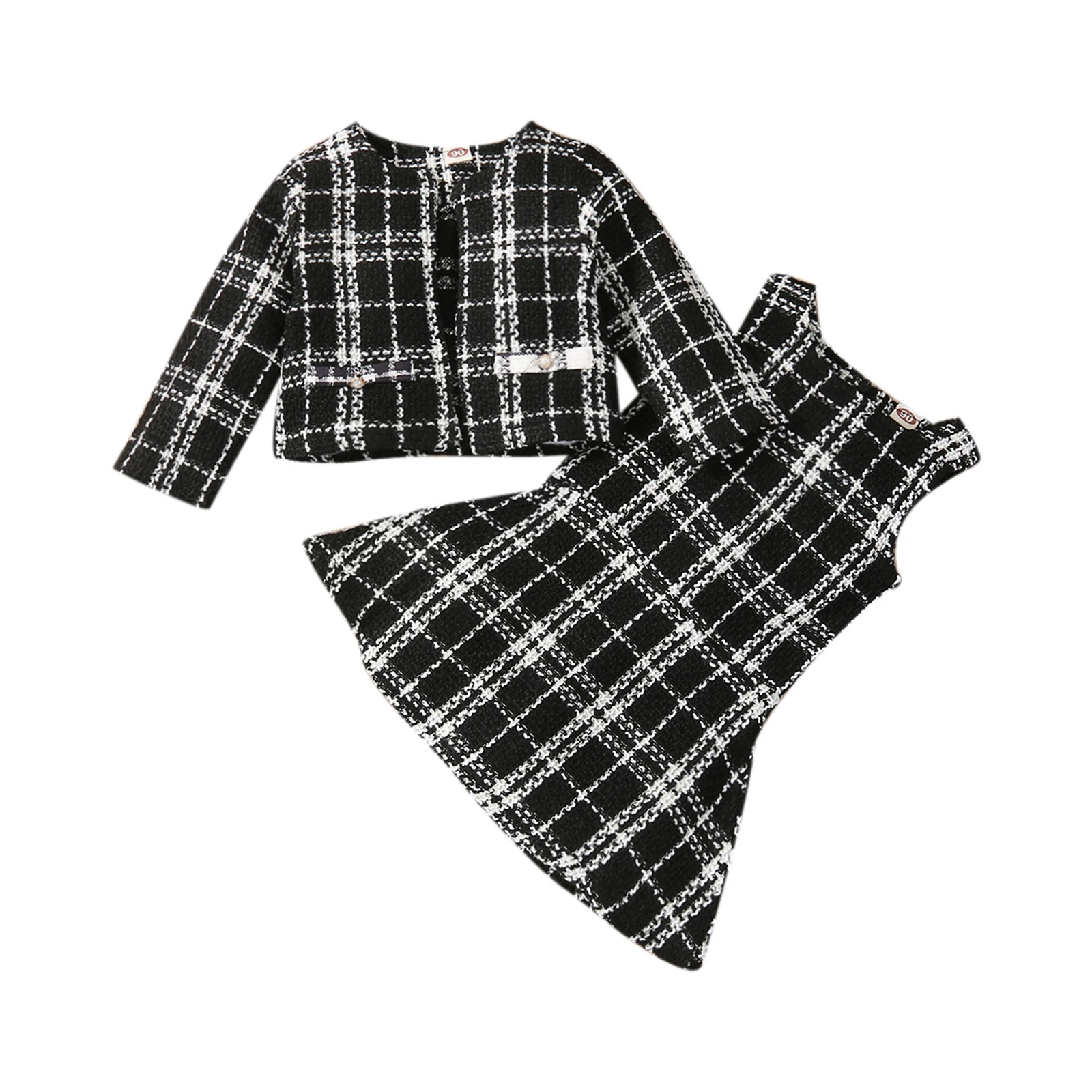 

Kids Baby Girl Plaids Suits Autumn Winter Vintage Elegant Sleeveless Princess Dress A-Line and Cardigan Coats Sets