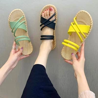 women summer casual slides comfortable flax slippers striped linen flip flops flat platform sandals ladies indoor bamboo shoes