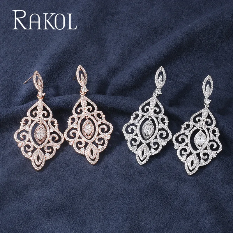 RAKOL Роскошные кубический цирконий, геометрической формы полный Мирко Асфальтовая Длинные Висячие серьги для элегантных дам Для женщин Свадебные украшения RE21866