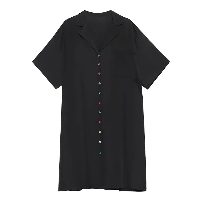 

XITAO Black Notched Collar Dress Fashion Loose Simplicity Casual Women 2021 Summer New Temperament All-match Dress LDD1725