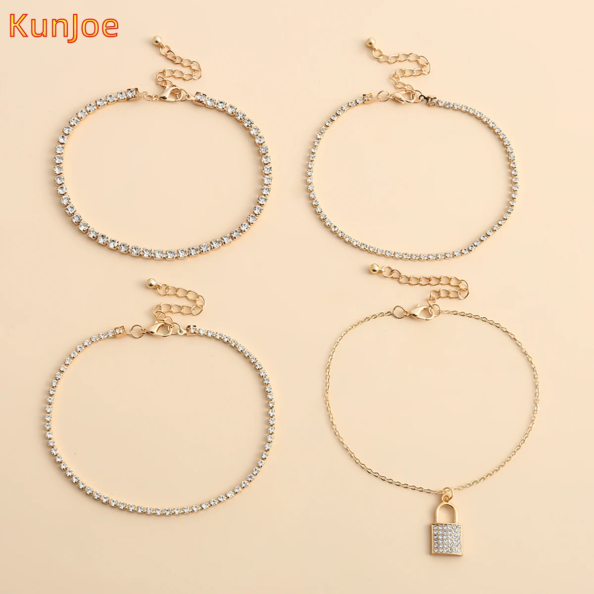 

KunJoe 2021 Summer New Women Lock Pendant Anklet Iced Out Bling Miami Cuban Link Anklets Couples Padlock Chain Hip Hop Jewelry