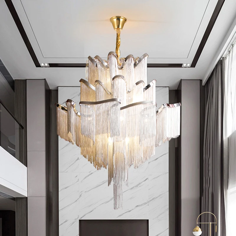 

Modern Silver Gold Aluminium Chain Fringed Pendant Lamp Luxury Stair Pendant Hanging Light for Home Hotel Decoration Fixtures