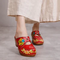 careaymade summer new thick soled slope heel shoes womens national style genuine leather flower comfortable outdoor slippers