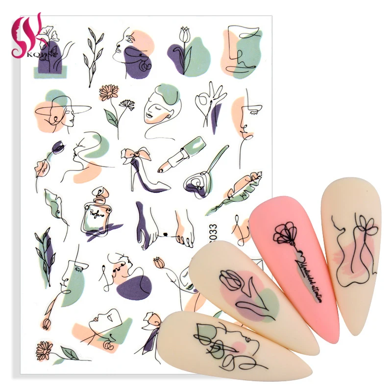 

3D Geometric Nail Stickers Abstract Lady Face Nail Decals Water Black Leaf Sliders Paper Nail Art Decor Gel Polish Manicure Tool