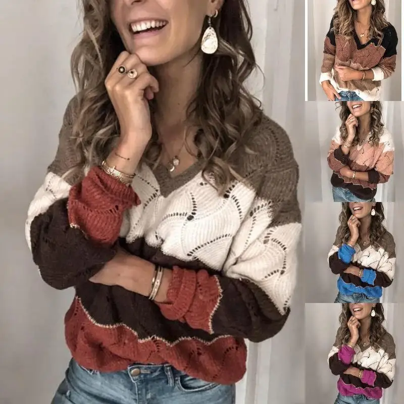 Женский свитер с V-образным вырезом длинным рукавом свободный в стиле пэчворк