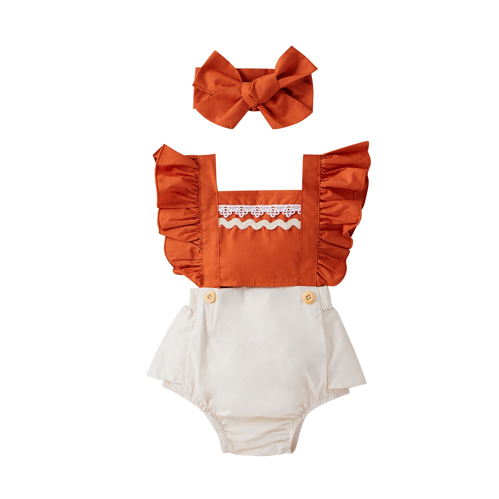 

Lovely Infant Baby's Romper Square Neck Sleeveless Pleated Lace Floral Crotch Jumpsuits Bow-knot Hairband