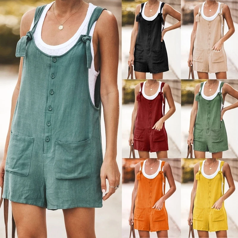 

Women Casual Loose Rompers Summer Sleeveless Solid Button Pocket Jumpsuit Female Wide Leg Suspender Bib Short Playsuits Overalls