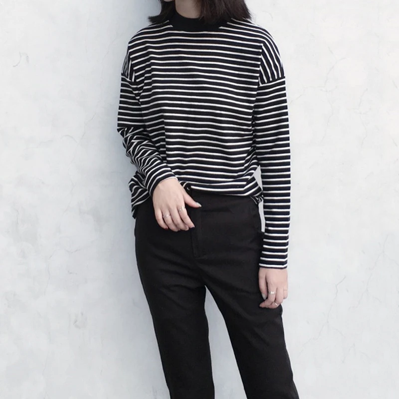 

Women Harajuku T Shirt Korean Style O-Neck Turtleneck Long Sleeved Striped Tops Female T Shirt Autumn Casual Tops