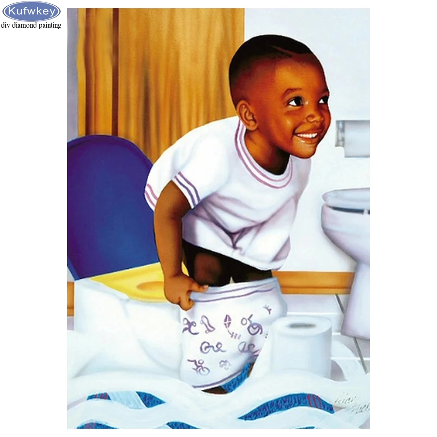 Алмазная живопись Африканский мальчик ходящий в туалет 5D алмазная вышивка
