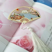 chinese traditional style folding fan shape bookmark rabbit flying crane butterfly painted metal bookmark holiday gift for girl