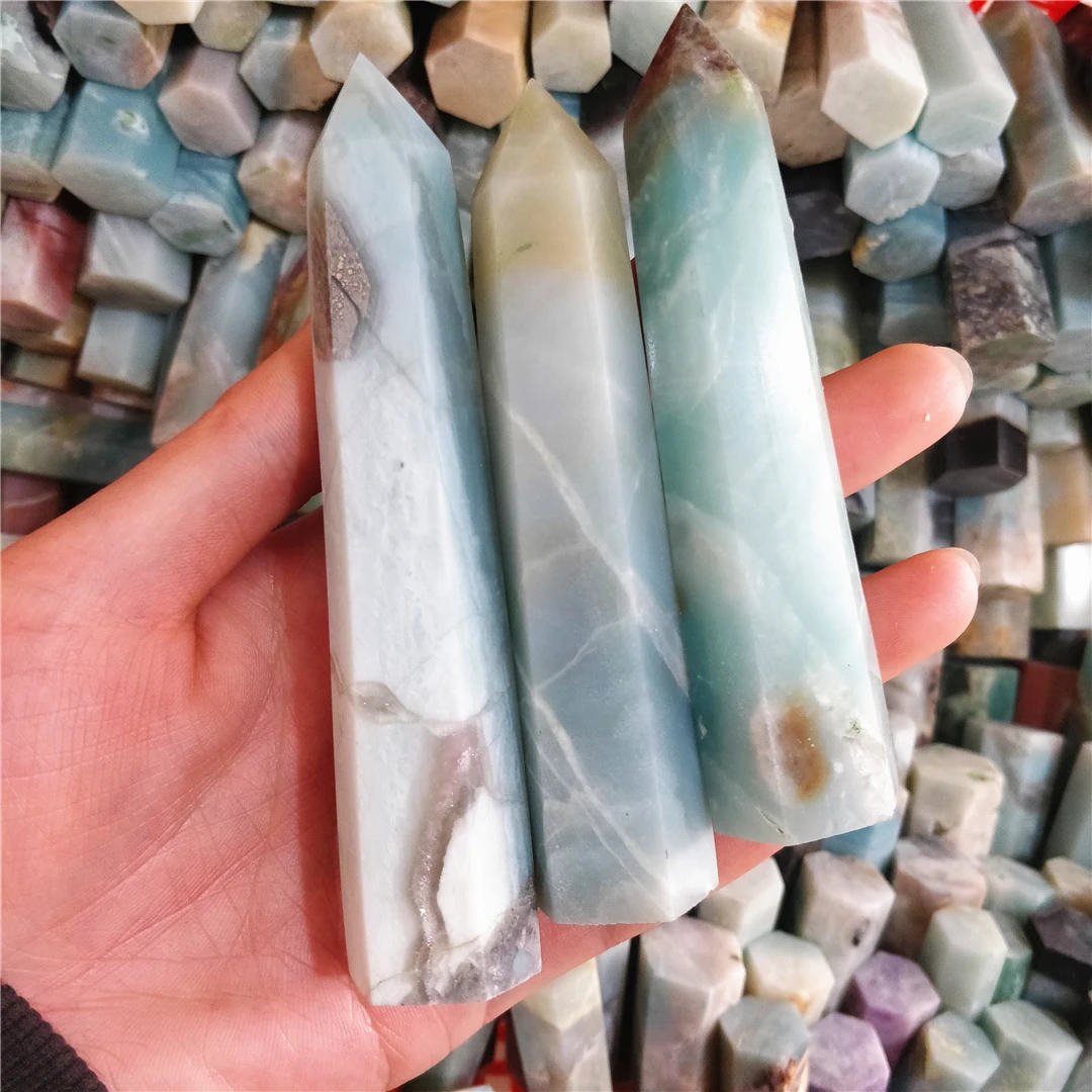 

Hot Sale High Quality Natural Caribbean Calcite Crystal Hexagon Wand Single Point Sky Blue Healing Stone Tower For Decoration