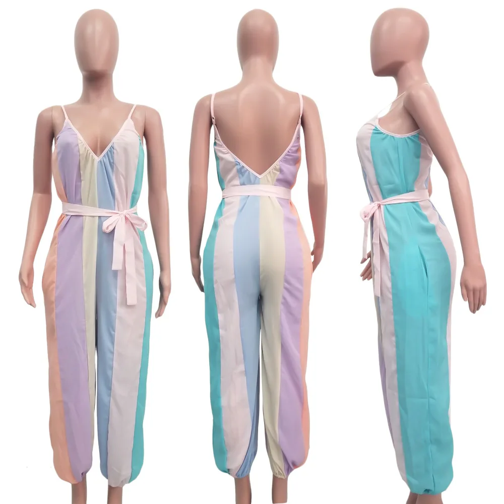 

Summer Strap Sexy Colorful Lantern Jumpsuits V Neck Sleeveless Bandage Plus Size Women Backless Club One Piece Outfit Overalls