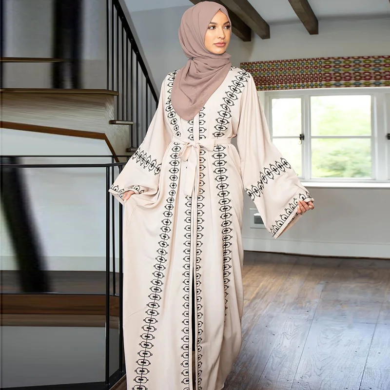 

Саудовская Аравия принт индейки кардиган на поясе длинная юбка мусульманское платье с длинным рукавом, женское платье Коран декоративные н...