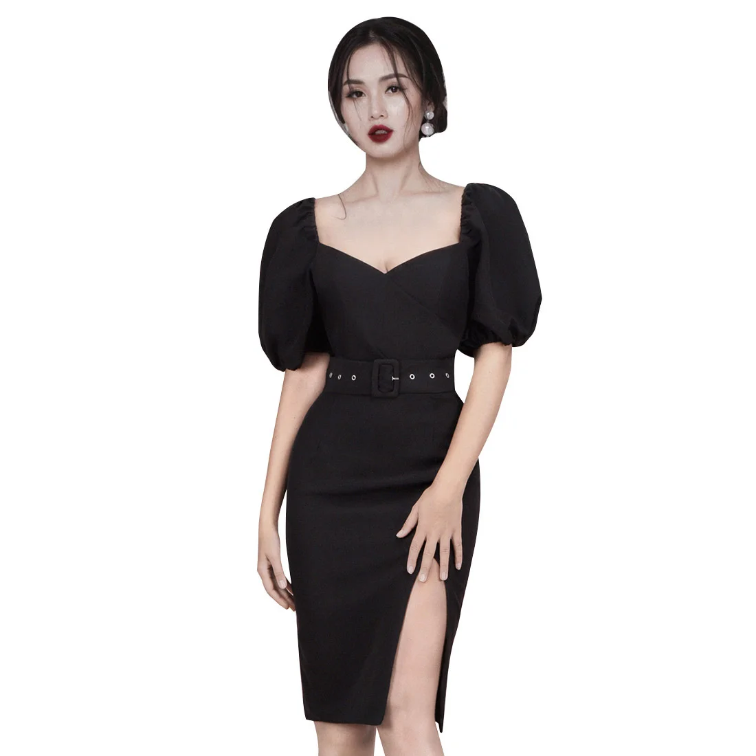 

2020 summer new fashion women's V-ne slim mid length split dress