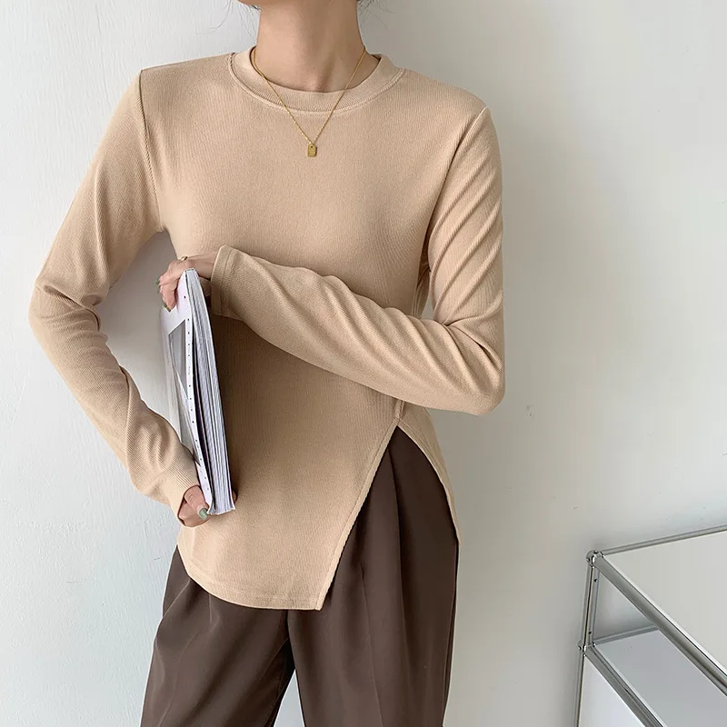 

Long-sleeved round neck top women's slim solid color T-shirt 100% cotton gray