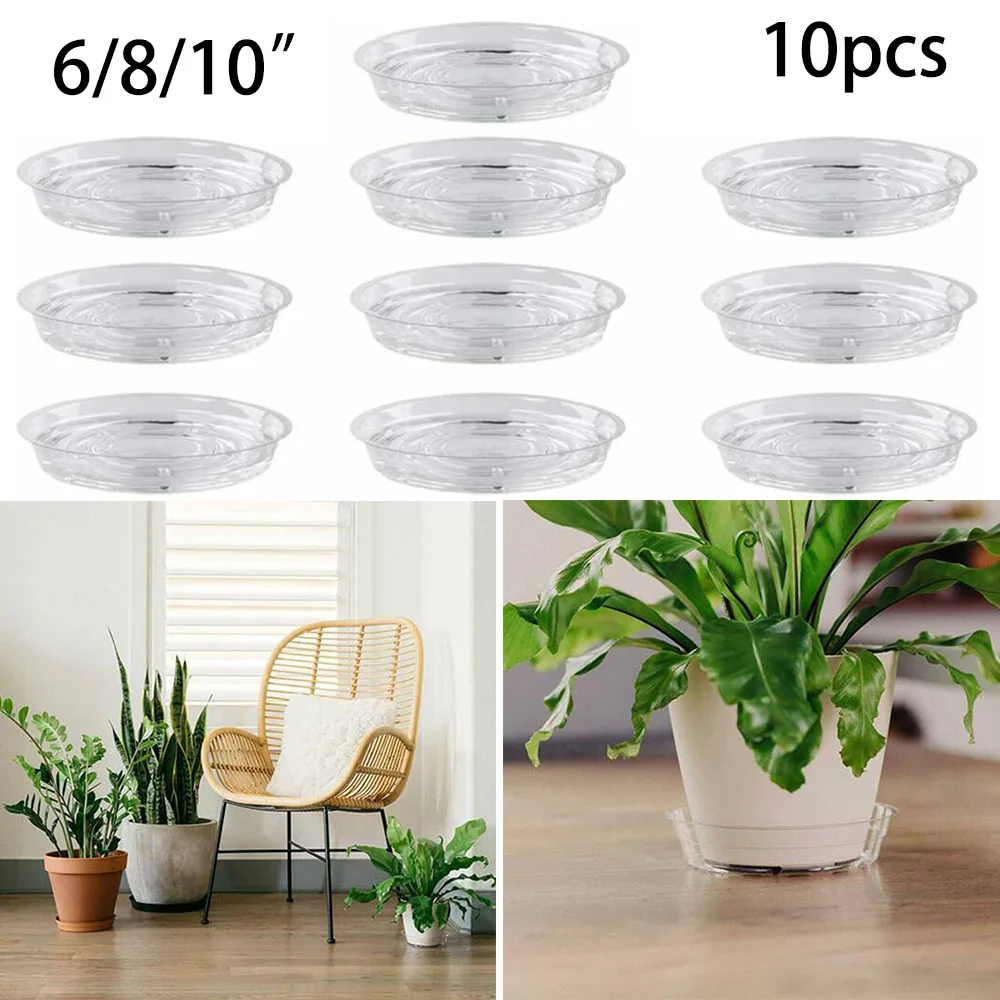 10pcs Garden Plant Saucer Drip Tray Round Flower Pot Base Plastic Clear Snack Container Desktop Trash Storage 6/8/10 Inch