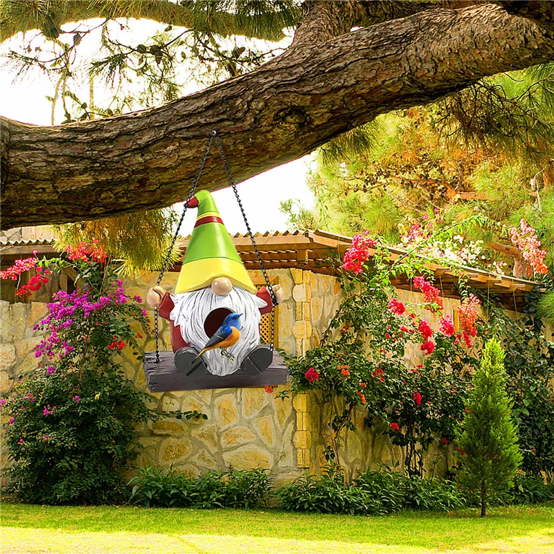 

Swinging Gnome Hummingbird House Hand-Painted Resin Ornament for Outdoor Garden Courtyard Decoration Promotion