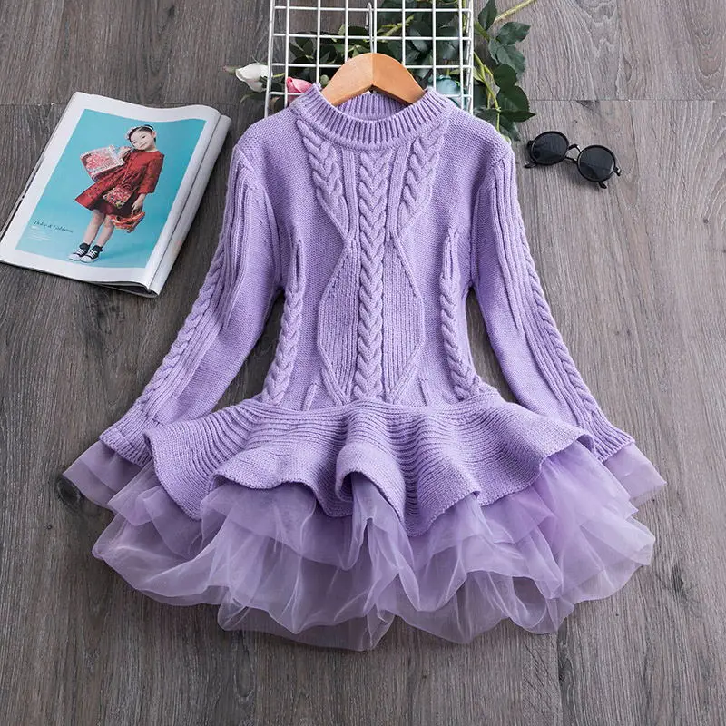Purple Зимнее трикотажное шифоновое платье для девочек детская одежда с длинными рукавами для рождественской вечеринки детские платья для девочек, одежда на год - Цвет: Purple