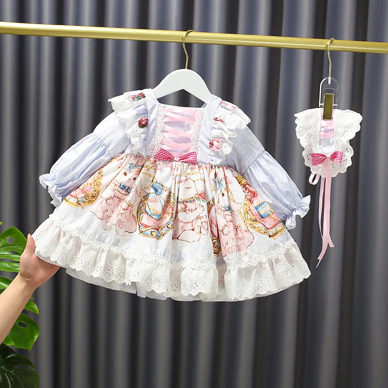 

Baby Girls Spanish Court Princess Dress Kids Long Sleeve Lace Stitching Print Lolita Ball Gown Kids Birthday Party Dresses y127