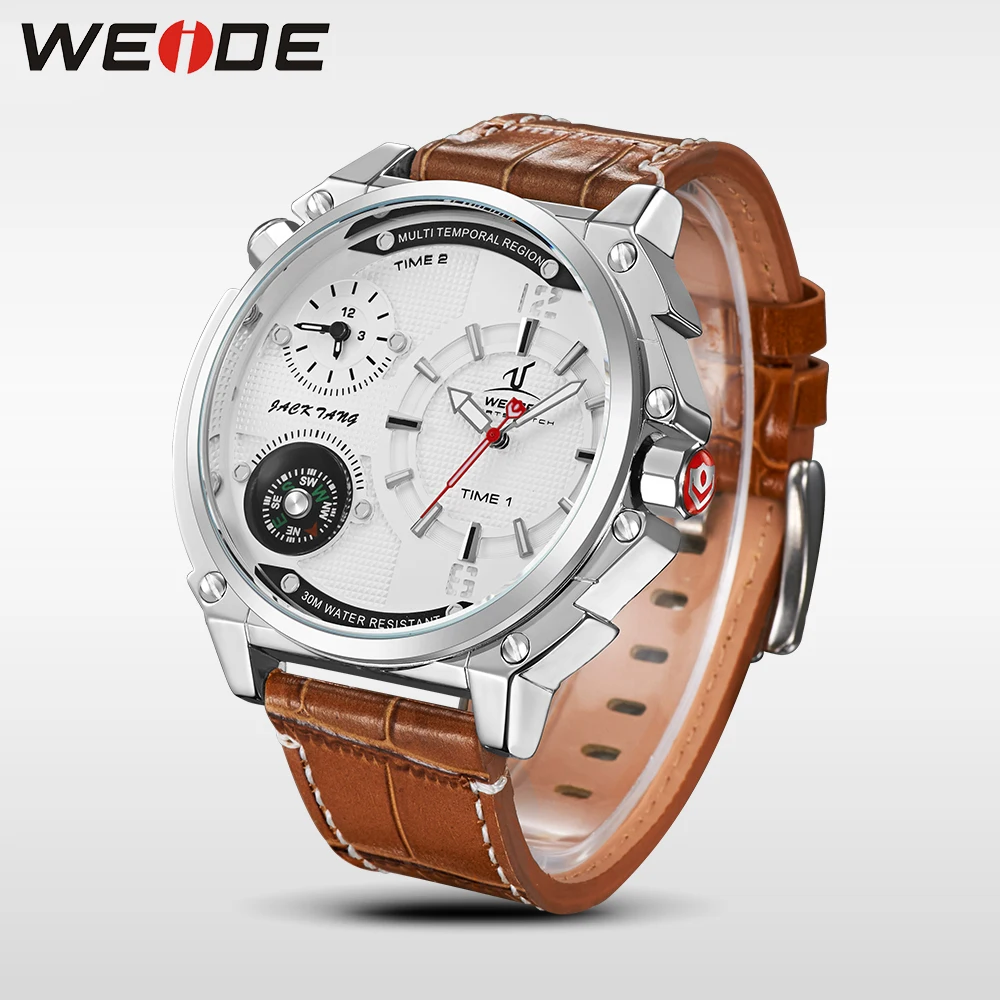 WEIDE топ бренд мужские часы Роскошные спортивные коричневые кожаный ремешок