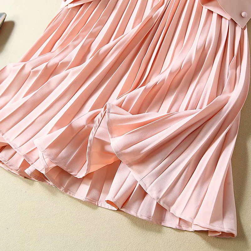 

VERDEJULIAY Spring Autumn Runway Fashion Dress Women's Long Sleeve Ruffles Flower Embroidery Pleated Pink Midi Elegant Dress