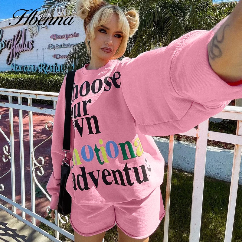 

Женский комплект из двух предметов Hbenna Y2k, Свободный пуловер с длинным рукавом и шорты, Осенний Модный комплект с надписью