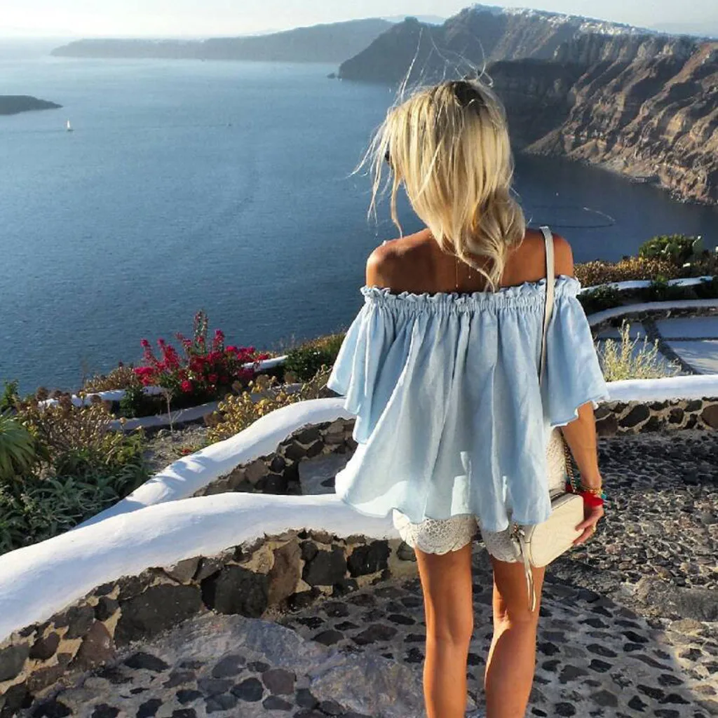 Блузка с открытыми плечами для Для женщин вышивка свитер рукавами-клеш пикантные