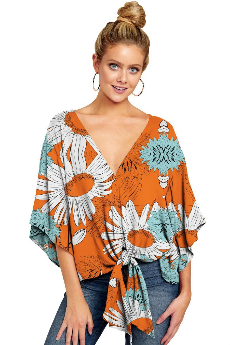 

Popular women's shirt spring and summer V-neck short sleeve knot print top