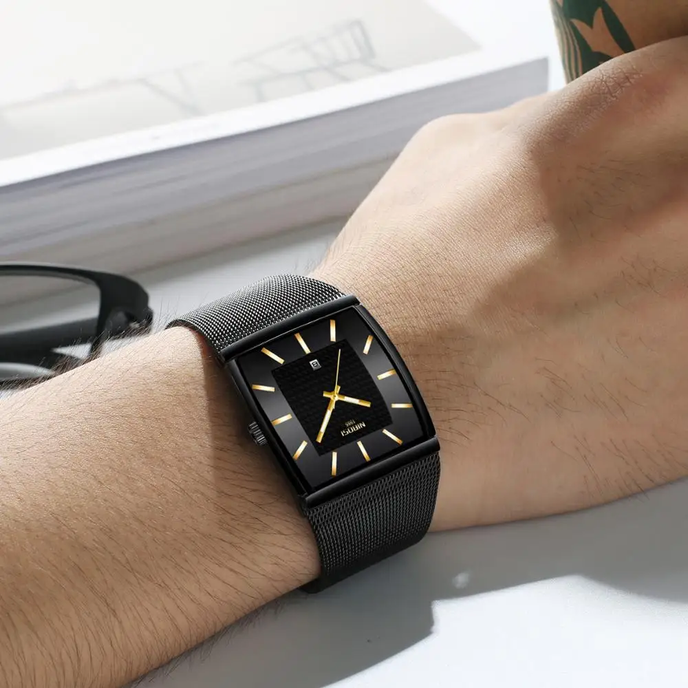 

NIBOSI Top Brand Men's Watch Business Relogio Masculino Square Quartz Man Watch Men Wristwatch Full Steel Waterproof Male Watch