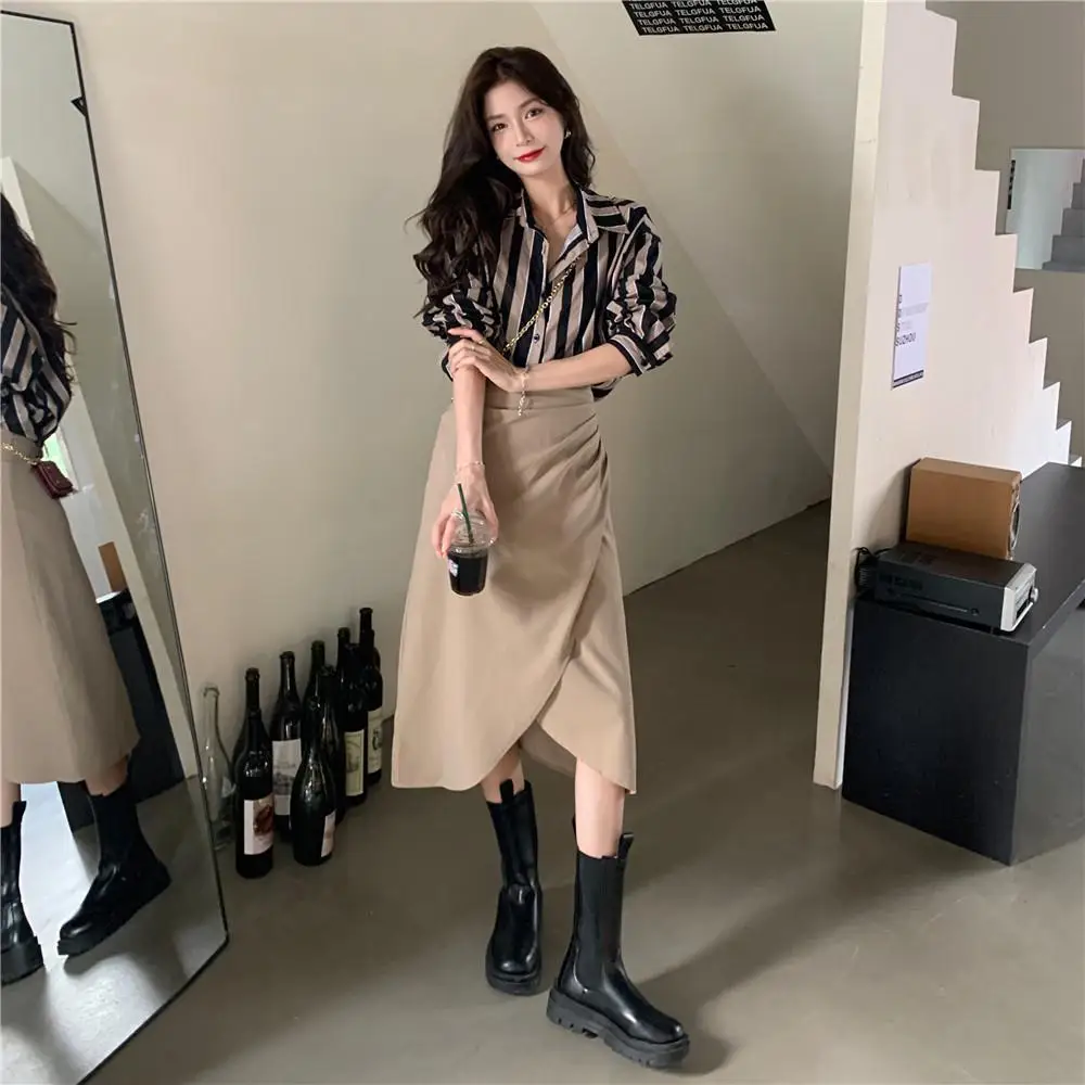 

Nowsaa Elegant Dress Sets Women Blouse Korean Japan Streetwear Long Sleeve Elastic Two Pieces Maxi Long Dresses Robe Femme
