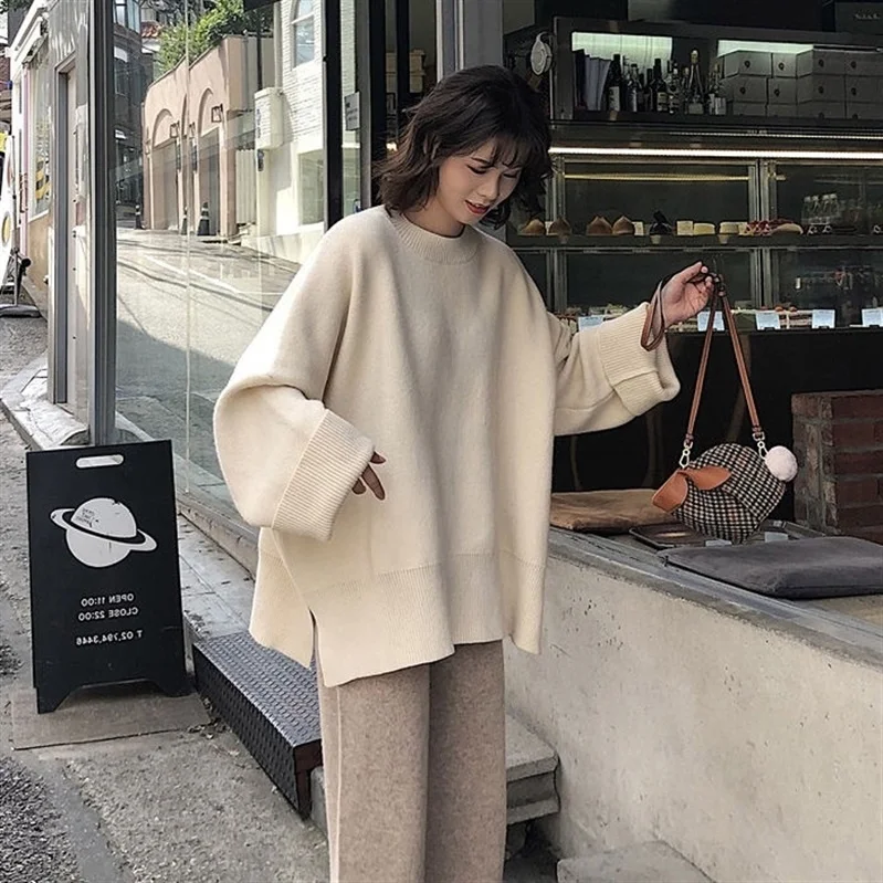

High Quality Sweater Women's Autumn 2021 New Korean Lazy Style Pullover with Open Fork Loose Sweater Tops for Women oversized