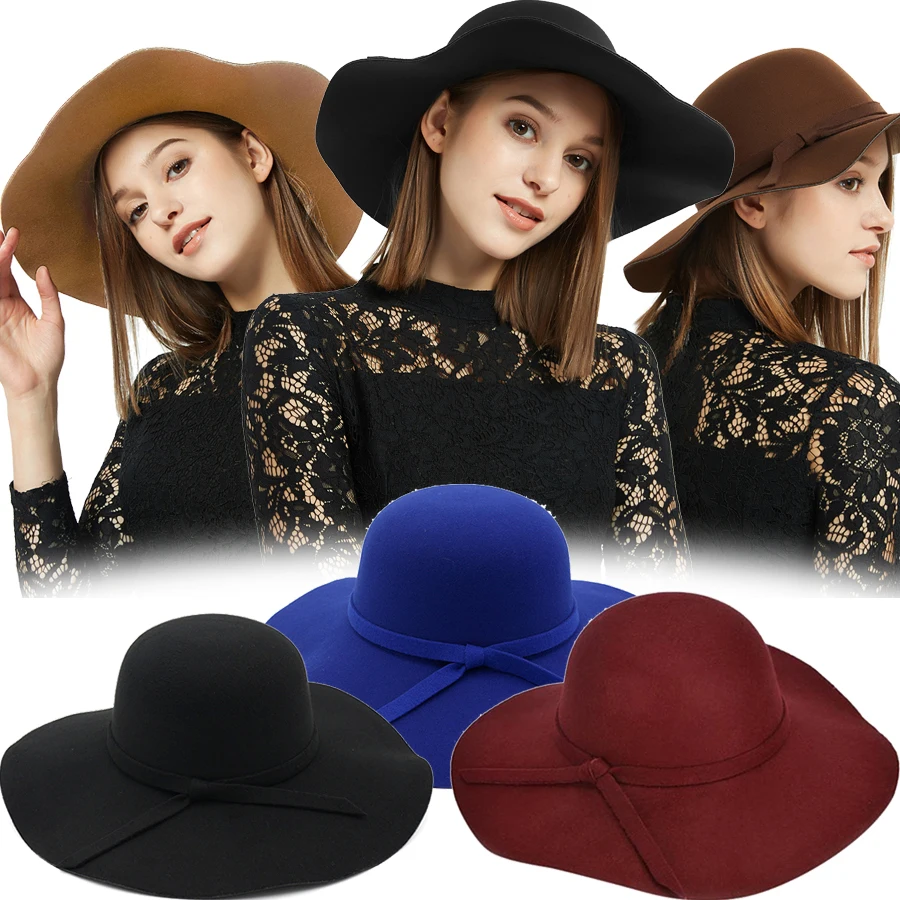 

Autumn Winter Bowler Hats for Women Fashion New Lady Wide Brim Wool Felt Bowler Fedora Hat Floppy Cloche Hats Black