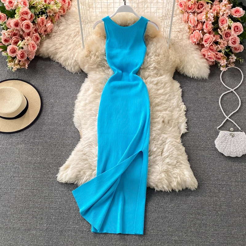 

New 2021 Summer Hollow Out Twisted Back Sleeveless High Slit Sexy Women Knitted Dress Solid Color Feminine Mid-calf Dress