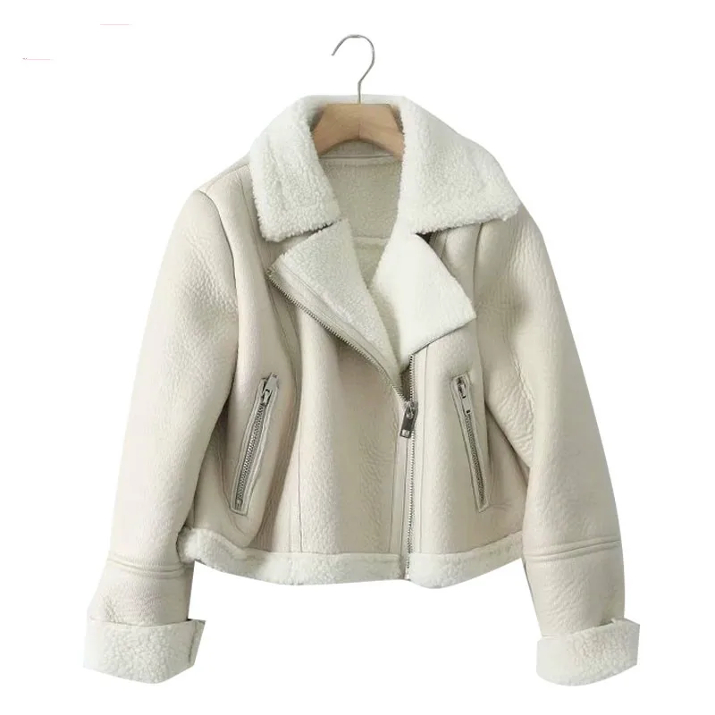

Fur Faux Leather Lapel Long Sleeve Thick Warm Short Women's Jacket Coat Vintage Lambswool Clothes Female Locomotive Tops Outwear