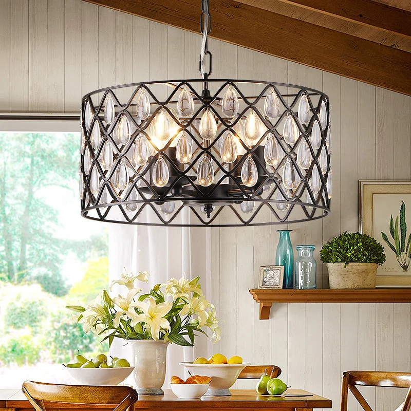 

New American Village Iron Crystal Pendant Light Dining Room Living Room Bar Kitchen Hanging Lighting Ing luminaire suspendu