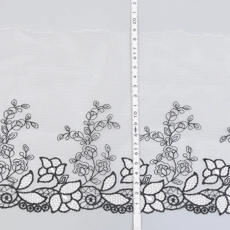 

2Yards Black Thread White Mesh Handmade DIY Clothing Accessories Floral Embroidery Lace Fabric Curtains Sofa Lace Trim 18cm wide
