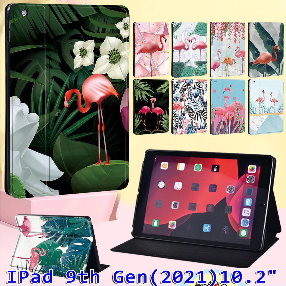 

Leather Tablet Cover Case for Apple iPad 10.2 inch 9th Generation 2021 Printed Flamingo Pattern Funda Folding Shell + Pen