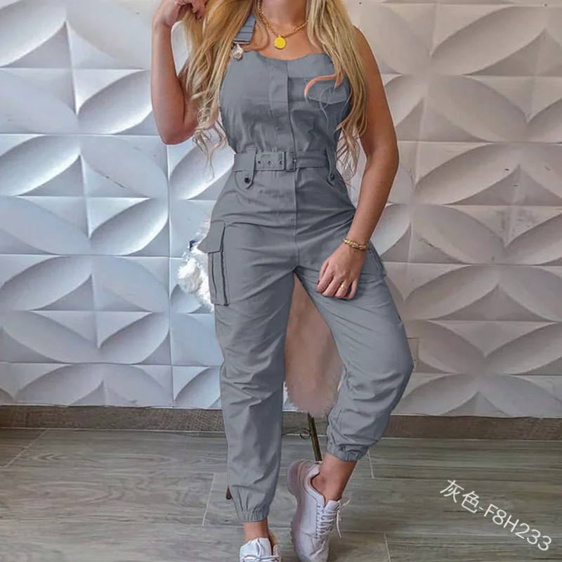 Jumpsuits Women Casual Cargo Playsuit Sleeveless O Neck Jumpsuit With Pocket and Belt Elegant Pencil Pants Loose Overalls