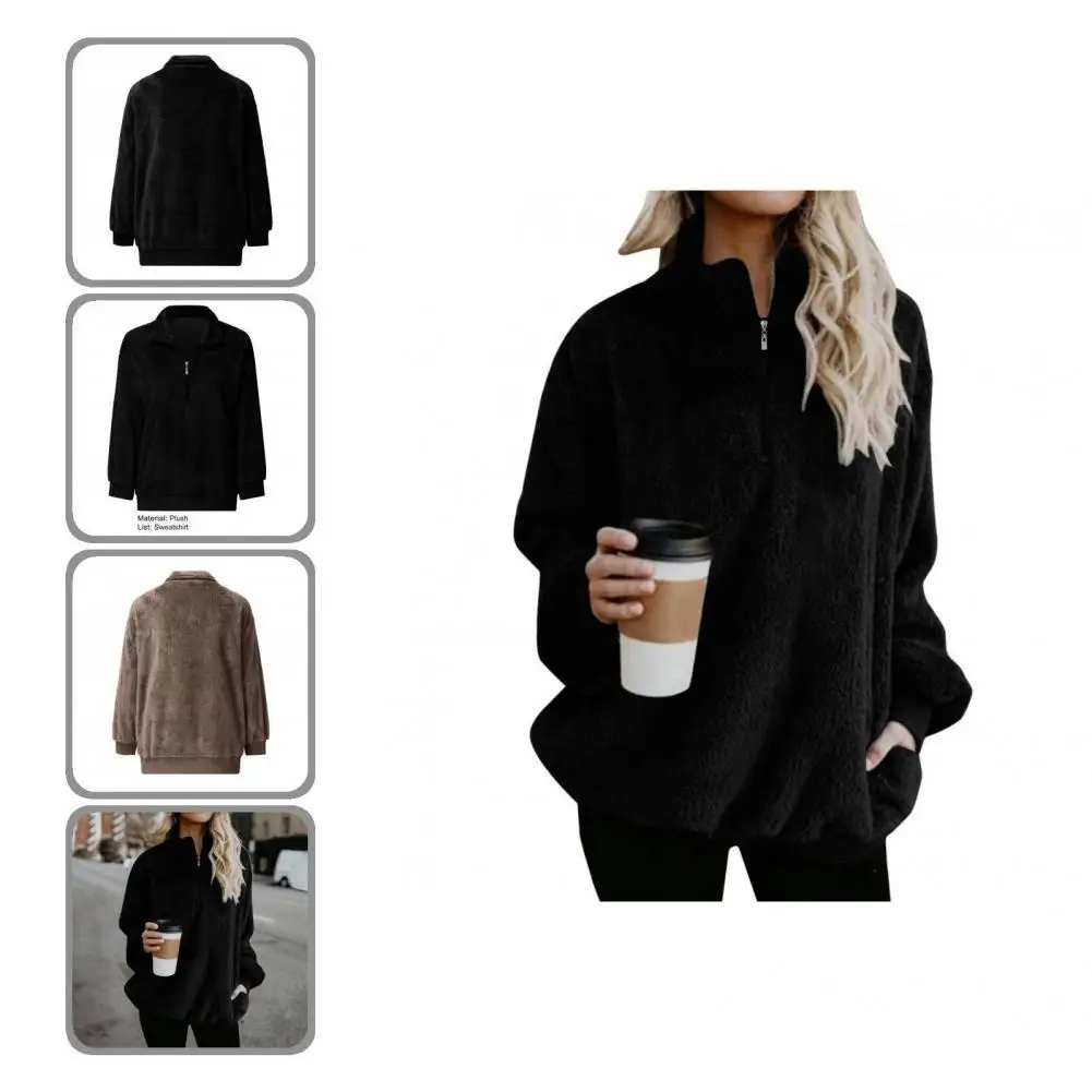 

Pullover Sweatshirt Loose Trendy Two Pockets Zipper Neck Solid Color Pullover Sweatshirt