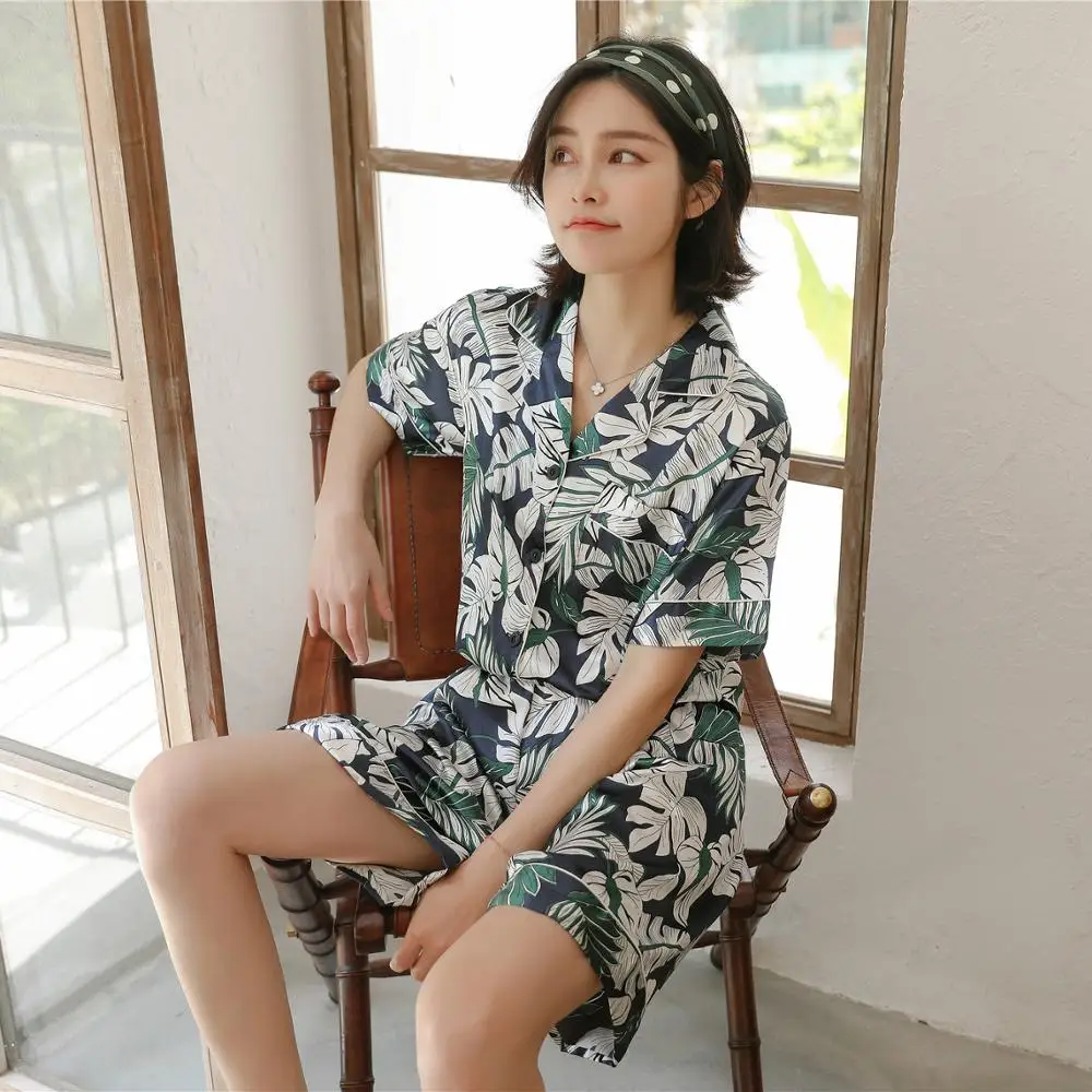 

Yellow Printed Chiffon Two Pieces Pajamas Sets Short Sleeve Women Sleepwear summer homedress DZA228