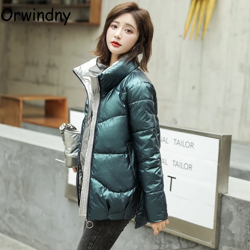 

Orwindny Waterproof Female Jacket Autumn And Winter Parkas Glossy Thick Warm Coat Women Zipper Loose Clothing Stand Collar