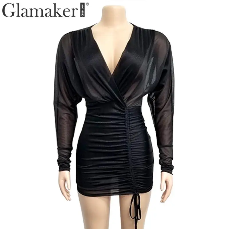 Glamaker сексуальное Плиссированное Прозрачное платье с v образным вырезом женское