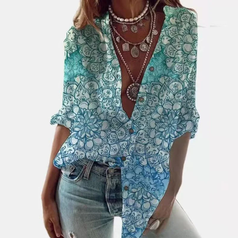 

2021 Spring Vintage V Neck Blouse Shirt Casual Women Long Sleeve Loose Tops Fashion Elegant Floral Print Shirt Blusas Streetwear