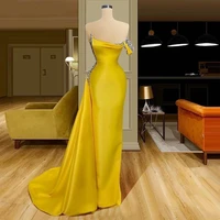 bright yellow mermaid prom dresses sequins strapless one shoulder satin sweep train party dress robe formal evening gowns
