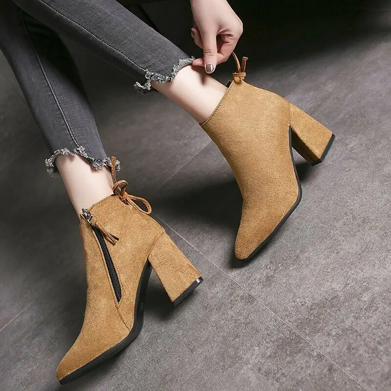

Women's Block High Heel Pointy Toe Chelsea Zip Up Ankle Boots Outdoor