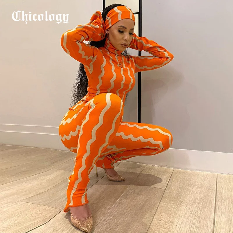 

Chicology 2021 Women Autumn Winter Stripe Print High Neck Long Sleeve Stretchy Straight Pants Streetwear 2 Pieces Sets