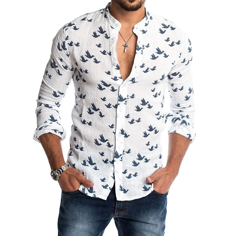 Мужская льняная рубашка в гавайском стиле с принтом однобортный Топ длинным