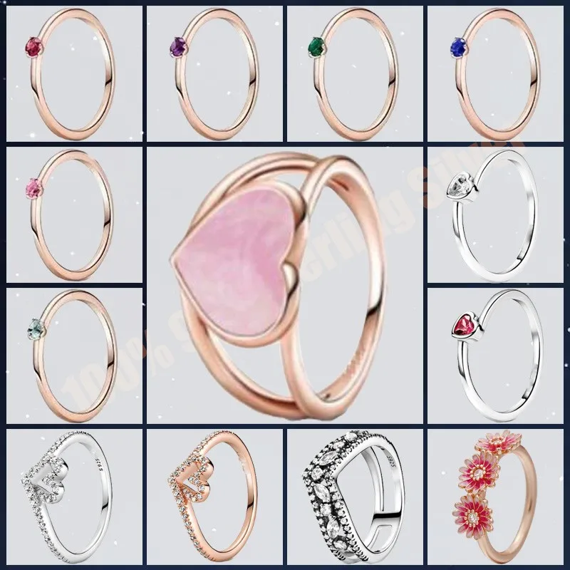 

2021 Valentine's Day 925 Sterling Silver Rose Gold Heart-shaped Rings Red Pink Zircon The Most Popular Jewelry Gift For Women