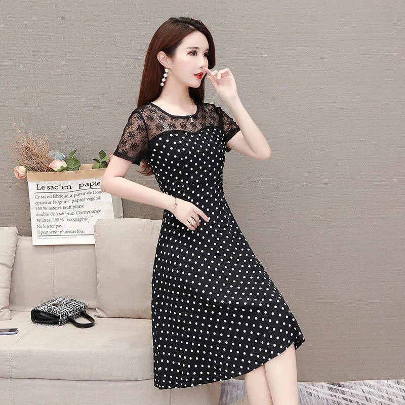 

New summer retro dot fit mid length Dress Plus Size elegant women's party short sleeve fashion dress SS826